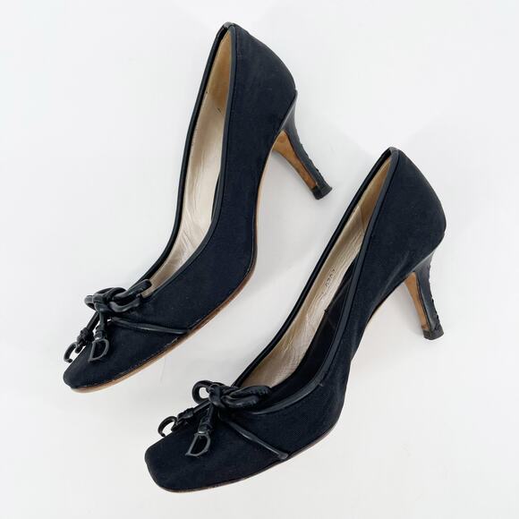 Dior Black Monogram Canvas CD Charm Bow Square Toe Mid Heel Pumps EU 37.5 - Picture 6 of 12